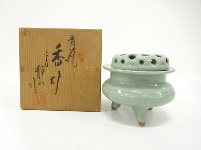 JAPANESE TEA CEREMONY / KIYOMIZU WARE KORO (INCENSE BURNER) / CELADON GLAZE / ARTISAN WORK